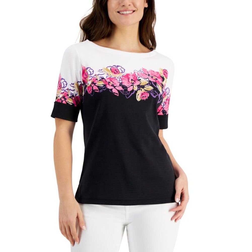 Karen Scott Valerie Floral Print Boat Neck Top